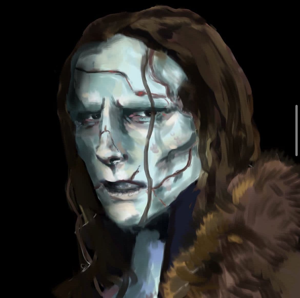 Digital painting of a pale figure with red bleeding cracks