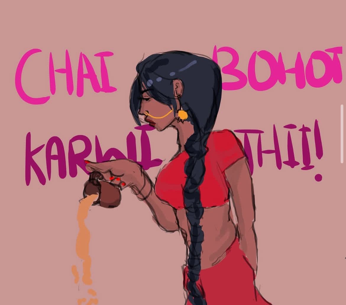 Editorial illustration of a girl pouring chai, with hand-lettered text
