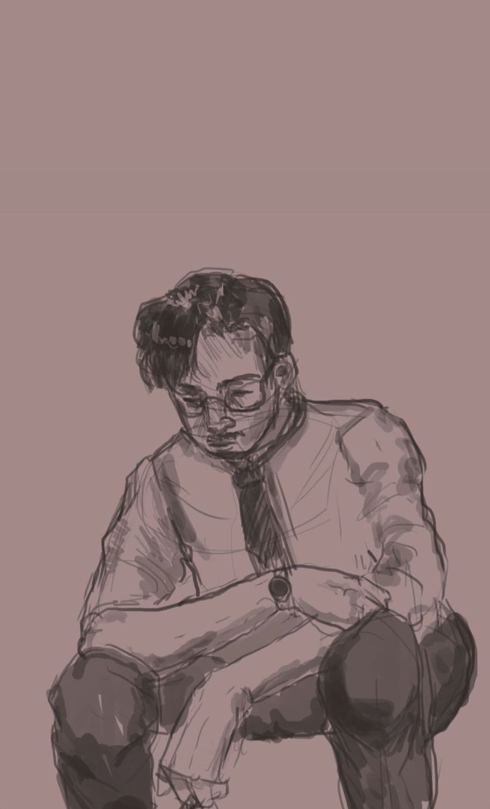 Digital pencil sketch of a man crouching in shirt and tie