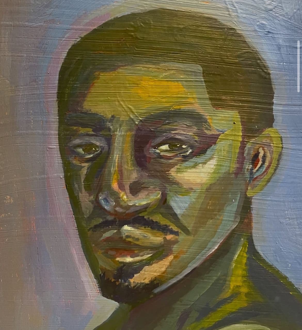 Portrait painting with green and yellow highlights