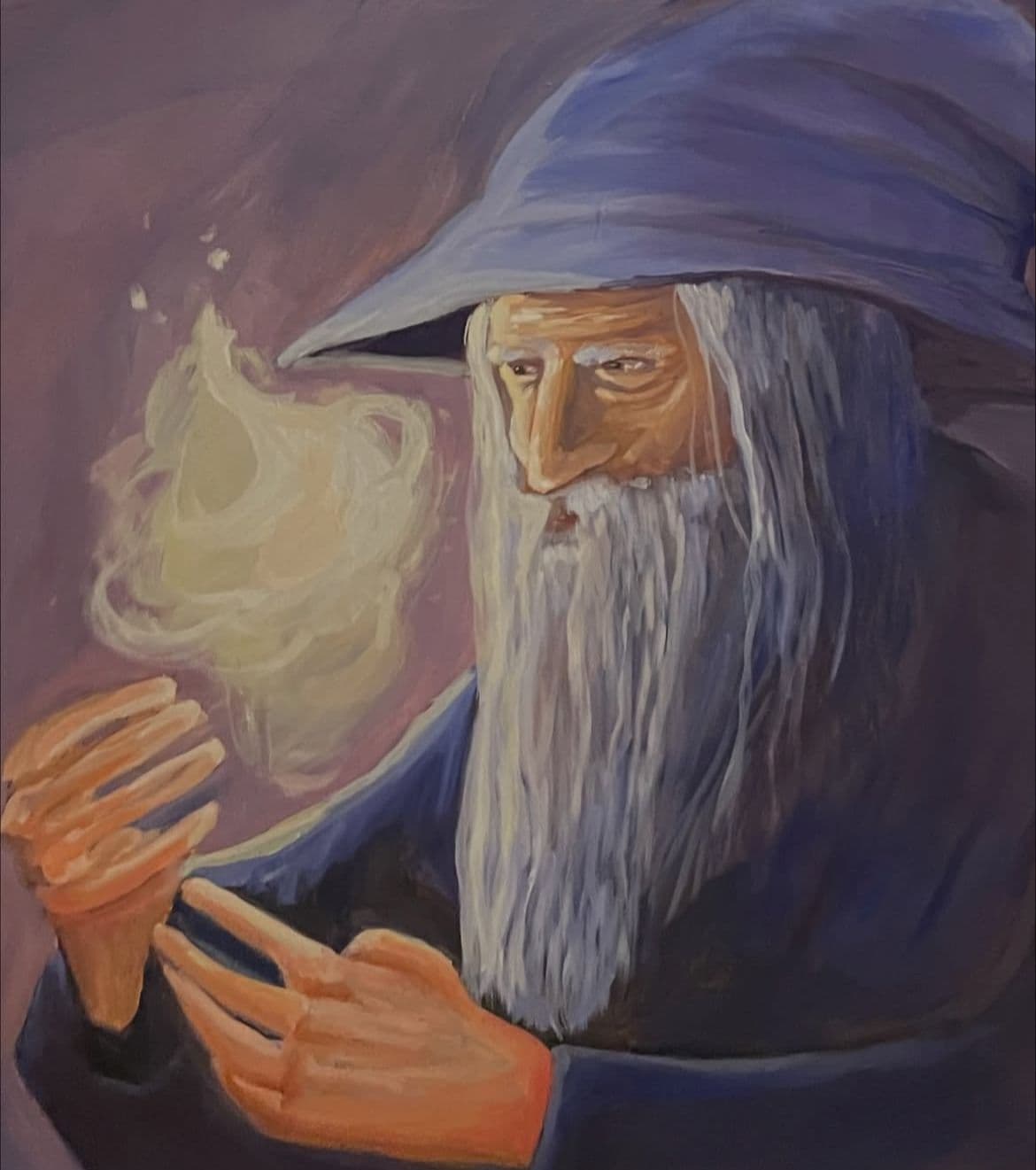 Painting of an old wizard in blue robes holding magical smoke