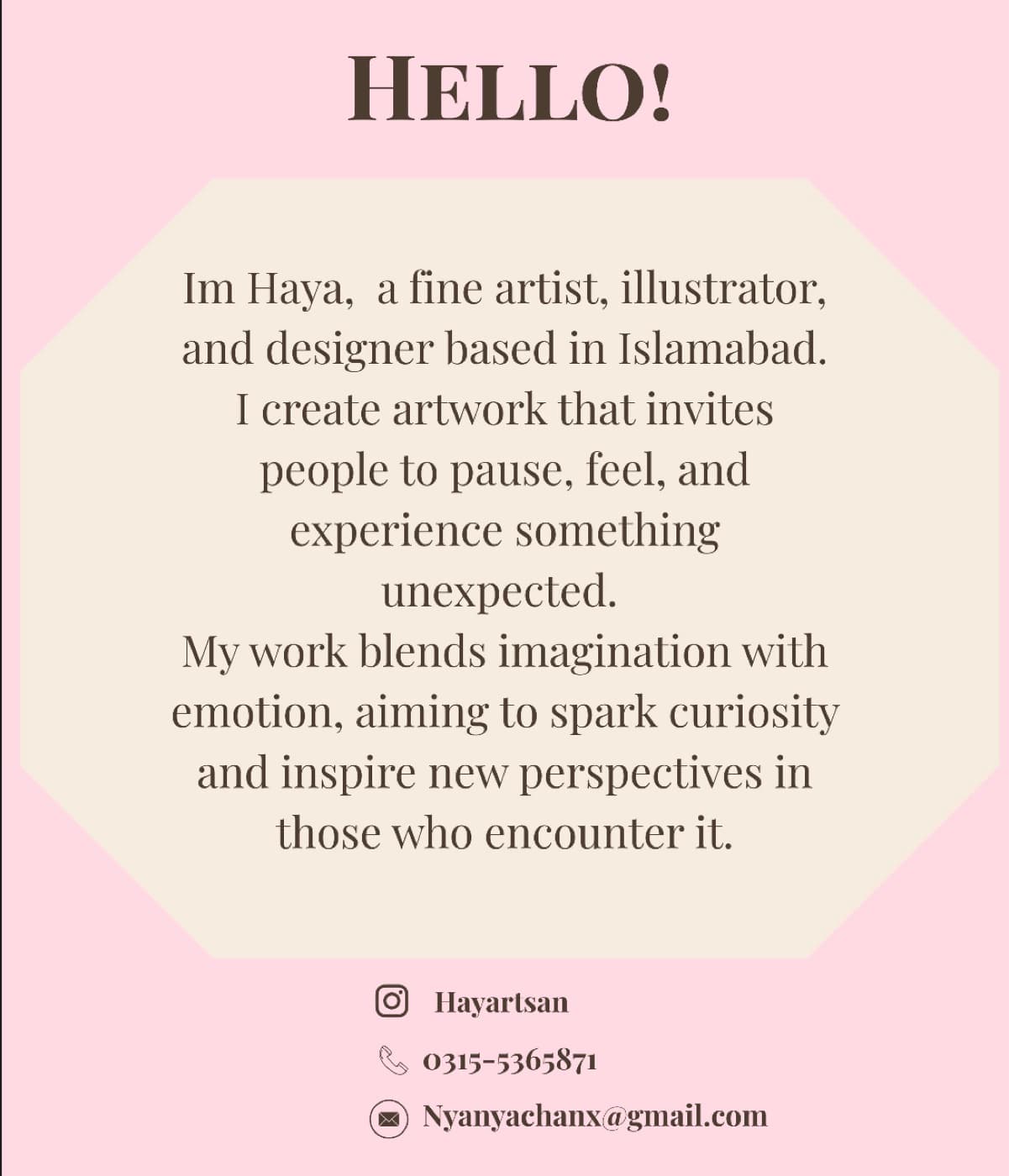 Hello! introduction page from Haya's portfolio