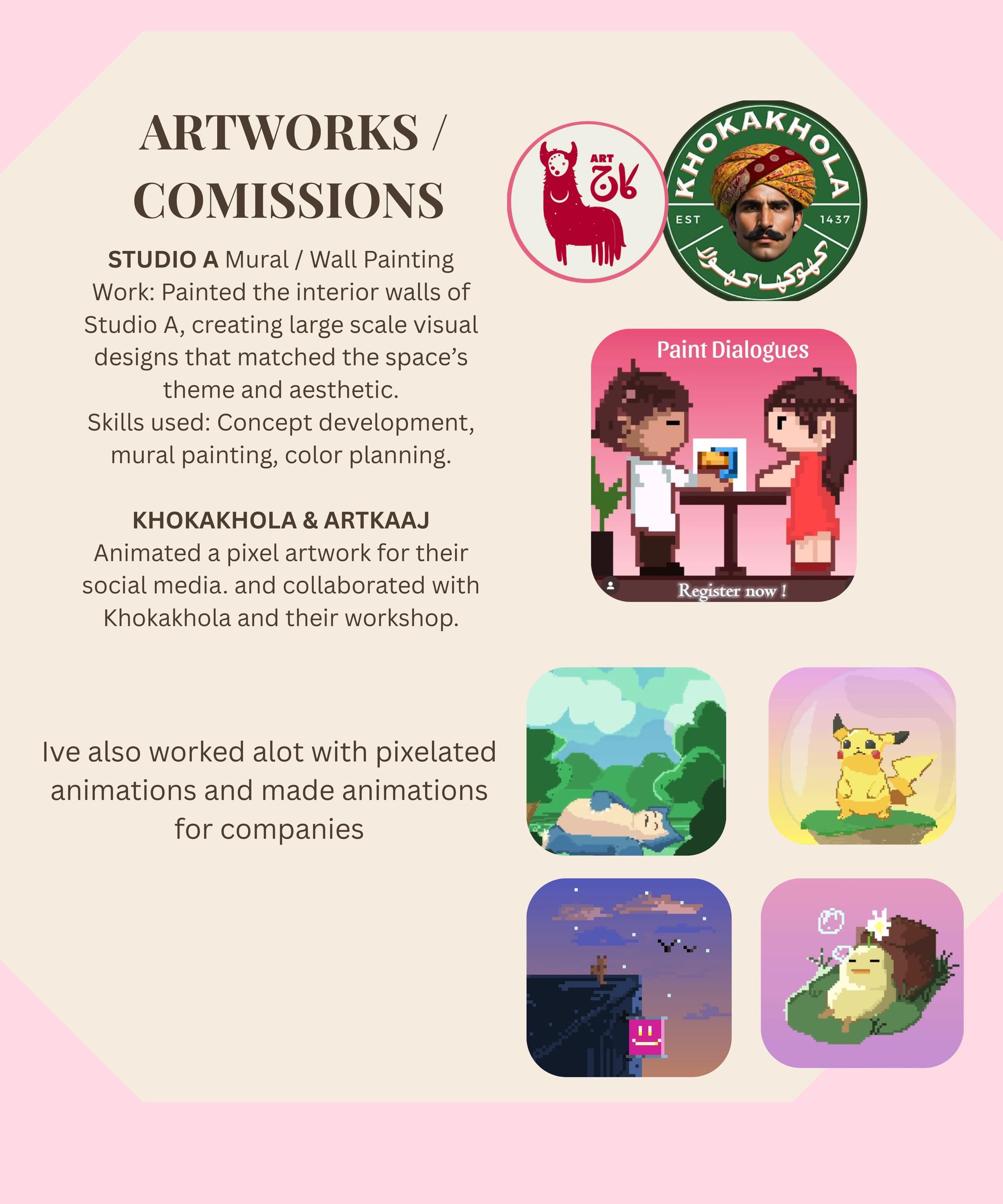 Artworks and commissions page — Studio A mural, Khokakhola, Paint Dialogues, pixel scenes