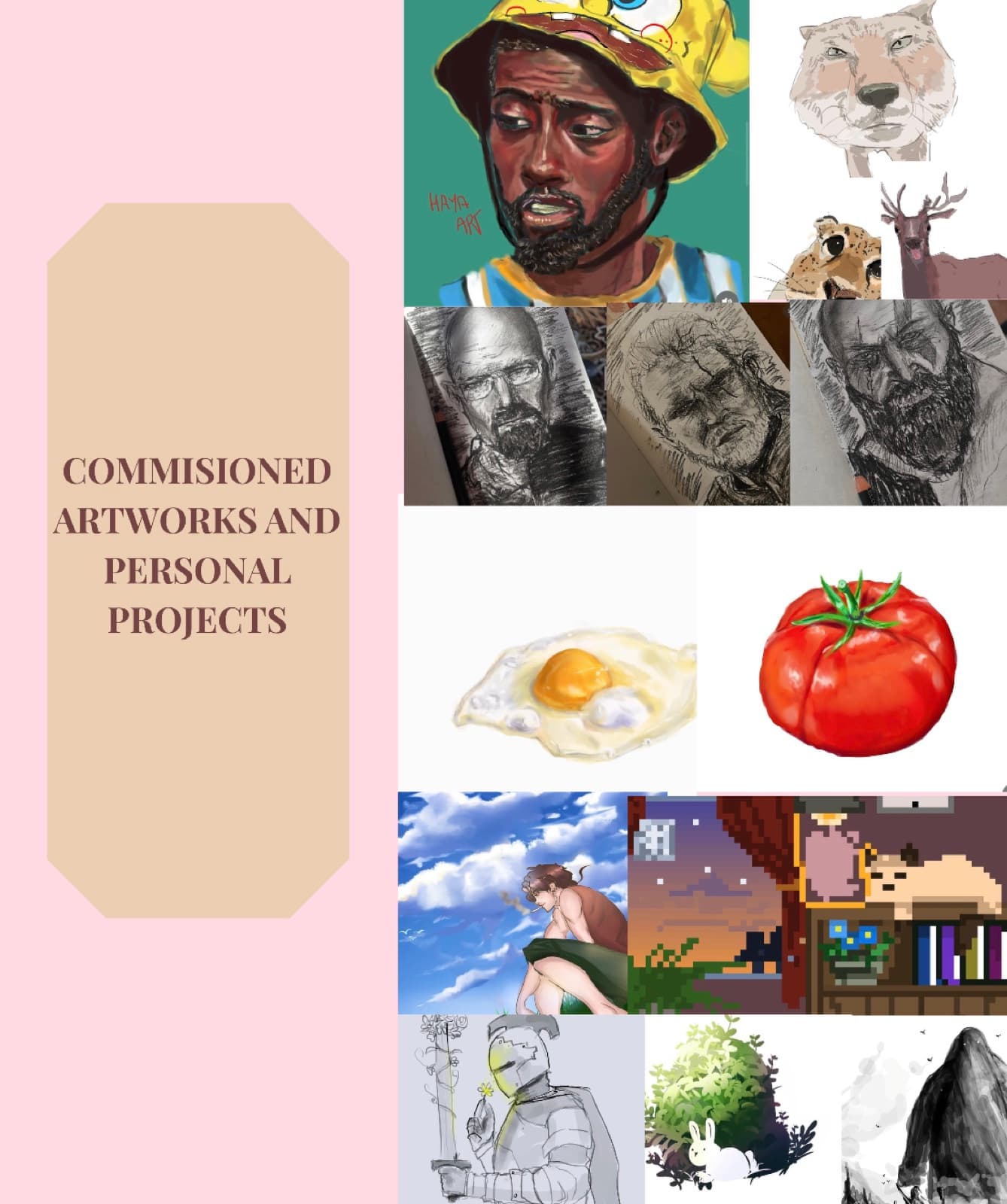 Page of commissioned artworks: oil portraits, charcoal studies, fried egg study, tomato, pixel scenes